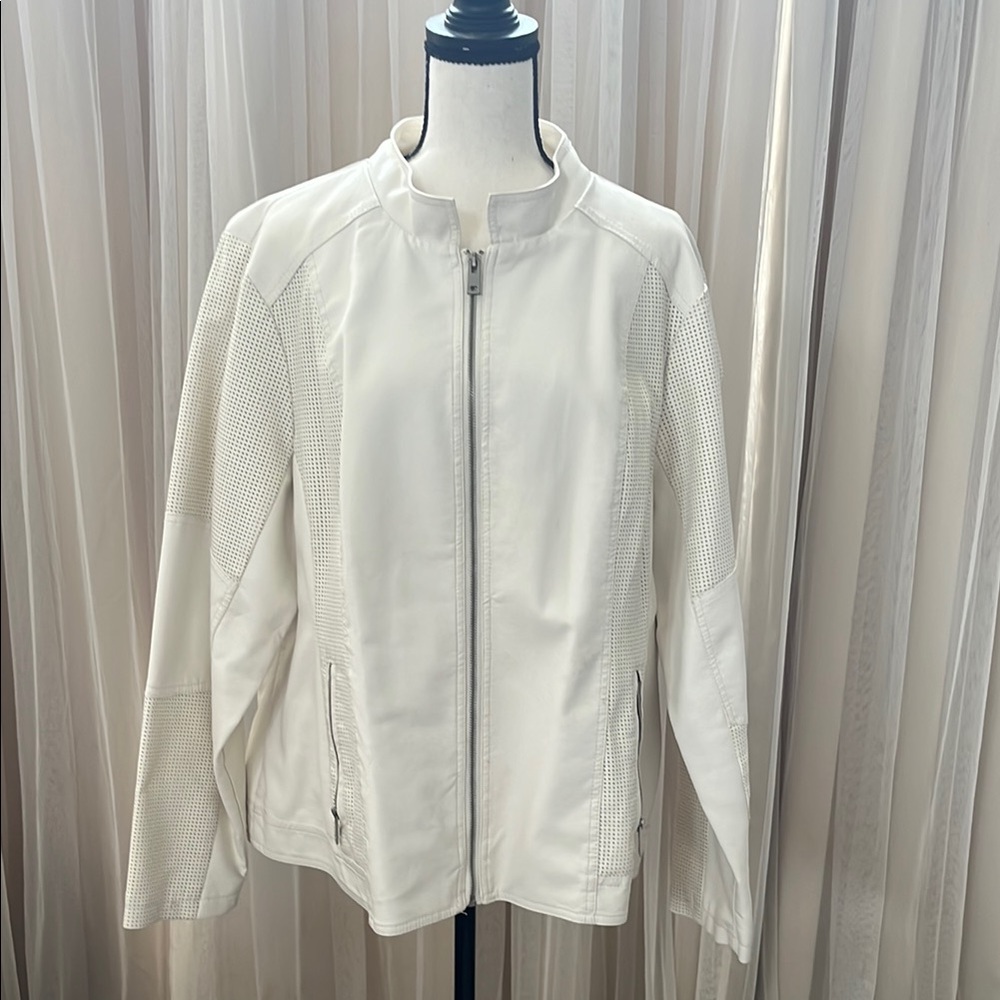 Faux Leather White Bomber Jacket with Textured Fabric and Stand-Up Collar